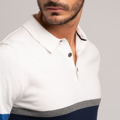 Maglia uomo stile polo a mezza manica realizzata in puro cotone lavorato a maglia bicolore bianco